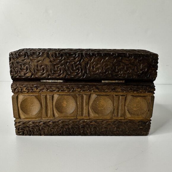 Vtg Wooden Carved 2 Deck Playing Card Box Hinged Heart Diamond Spade Club MCM - Picture 3 of 16